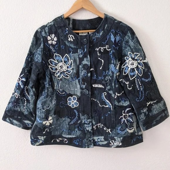 Chico's Jackets & Blazers - Chico's Collarless Beaded & Embroidered Denim Jacket, Blue / White, Large